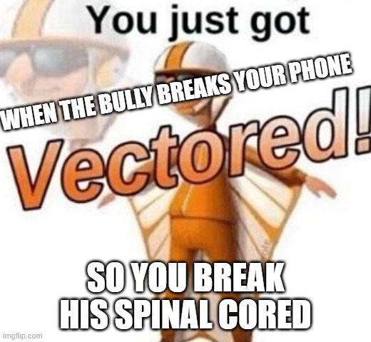 You just got vectored | WHEN THE BULLY BREAKS YOUR PHONE; SO YOU BREAK HIS SPINAL CORED | image tagged in you just got vectored | made w/ Imgflip meme maker