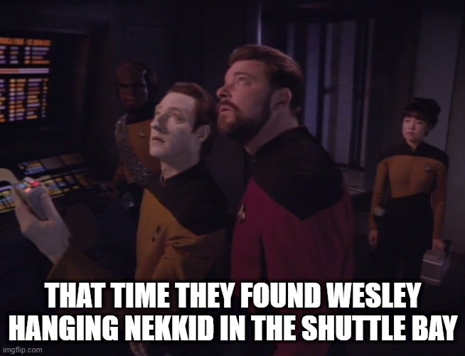 Crazy Young Crusher | THAT TIME THEY FOUND WESLEY HANGING NEKKID IN THE SHUTTLE BAY | image tagged in star trek ng | made w/ Imgflip meme maker