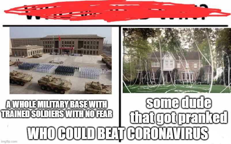 Who Would Win? | A WHOLE MILITARY BASE WITH TRAINED SOLDIERS WITH NO FEAR; some dude that got pranked; WHO COULD BEAT CORONAVIRUS | image tagged in memes,who would win | made w/ Imgflip meme maker