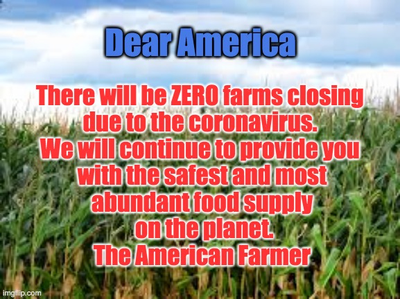 There will be ZERO farms closing 
due to the coronavirus. 
We will continue to provide you 
with the safest and most
abundant food supply
 on the planet.
The American Farmer; Dear America | image tagged in farmers,farm,coronavirus,thank a farmer | made w/ Imgflip meme maker
