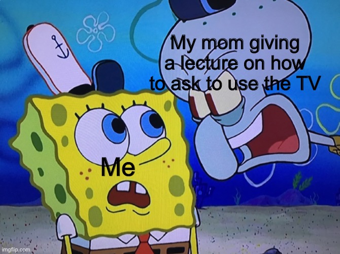 I got this idea 20 minutes ago | My mom giving a lecture on how to ask to use the TV; Me | image tagged in spongebob,lectures,funny,new meme | made w/ Imgflip meme maker
