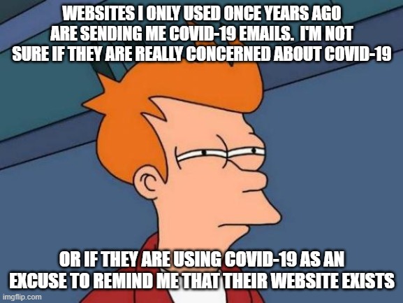 Futurama Fry Meme | WEBSITES I ONLY USED ONCE YEARS AGO ARE SENDING ME COVID-19 EMAILS.  I'M NOT SURE IF THEY ARE REALLY CONCERNED ABOUT COVID-19; OR IF THEY ARE USING COVID-19 AS AN EXCUSE TO REMIND ME THAT THEIR WEBSITE EXISTS | image tagged in memes,futurama fry | made w/ Imgflip meme maker