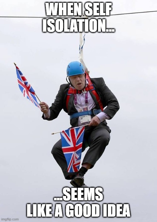 Boris Johnson Stuck |  WHEN SELF ISOLATION... ...SEEMS LIKE A GOOD IDEA | image tagged in boris johnson stuck | made w/ Imgflip meme maker