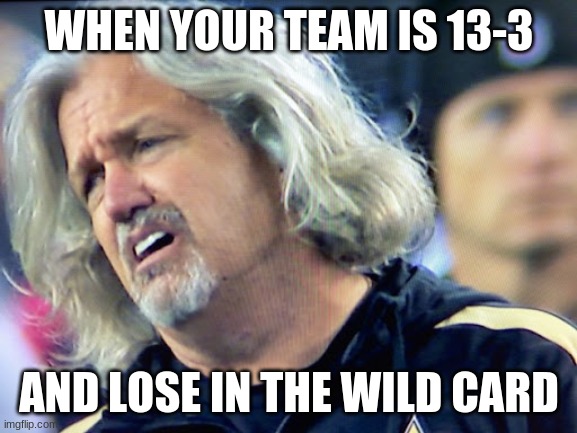 rob ryan upset | WHEN YOUR TEAM IS 13-3; AND LOSE IN THE WILD CARD | image tagged in rob ryan upset | made w/ Imgflip meme maker