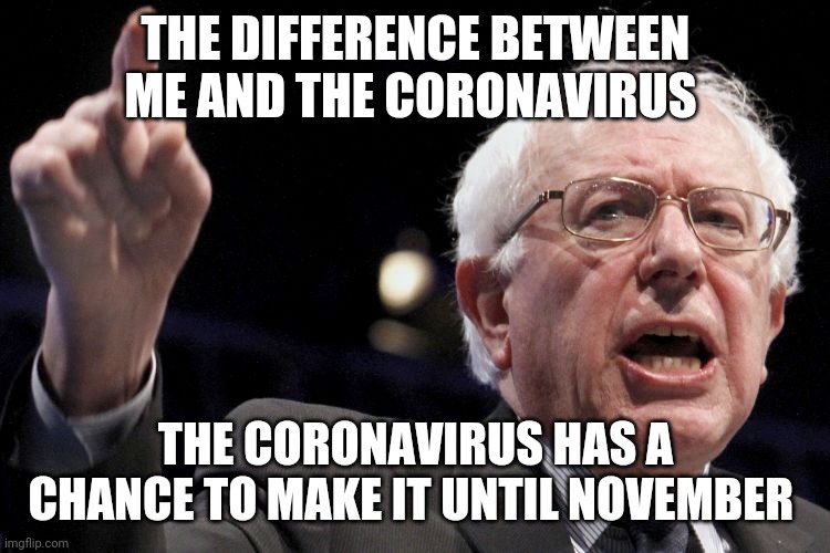 Bernie Sanders | THE DIFFERENCE BETWEEN ME AND THE CORONAVIRUS; THE CORONAVIRUS HAS A CHANCE TO MAKE IT UNTIL NOVEMBER | image tagged in bernie sanders | made w/ Imgflip meme maker
