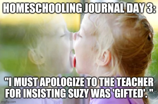 HOMESCHOOLING JOURNAL DAY 3:; "I MUST APOLOGIZE TO THE TEACHER FOR INSISTING SUZY WAS 'GIFTED'. " | image tagged in homeschool | made w/ Imgflip meme maker