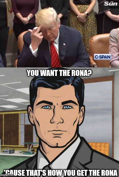 YOU WANT THE RONA? 'CAUSE THAT'S HOW YOU GET THE RONA | image tagged in memes,archer,trump scratches forehead | made w/ Imgflip meme maker
