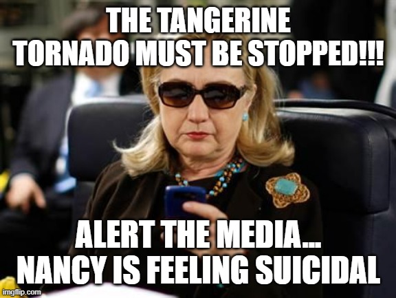 Hillary Clinton Cellphone Meme | THE TANGERINE TORNADO MUST BE STOPPED!!! ALERT THE MEDIA... NANCY IS FEELING SUICIDAL | image tagged in memes,hillary clinton cellphone | made w/ Imgflip meme maker