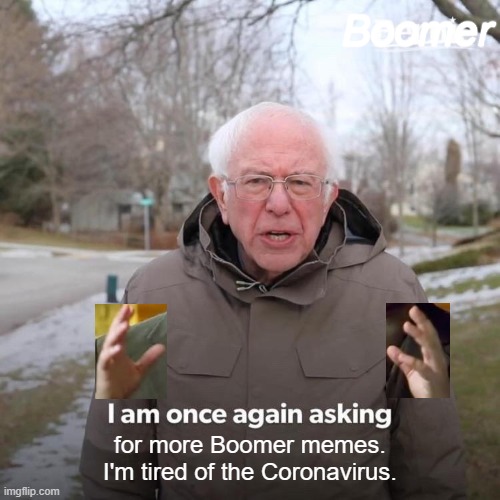 Bernie I Am Once Again Asking For Your Support | Boomer; for more Boomer memes.
I'm tired of the Coronavirus. | image tagged in memes,bernie i am once again asking for your support,bernie,coronavirus,boomer,ok boomer | made w/ Imgflip meme maker