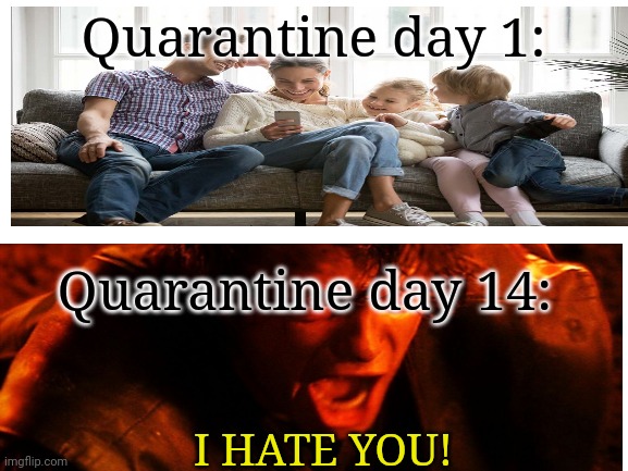 Coronavirus | Quarantine day 1:; Quarantine day 14:; I HATE YOU! | image tagged in blank white template,coronavirus,memes | made w/ Imgflip meme maker