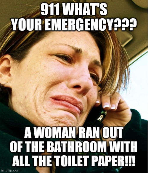 Crying on Phone |  911 WHAT'S YOUR EMERGENCY??? A WOMAN RAN OUT OF THE BATHROOM WITH ALL THE TOILET PAPER!!! | image tagged in crying on phone | made w/ Imgflip meme maker