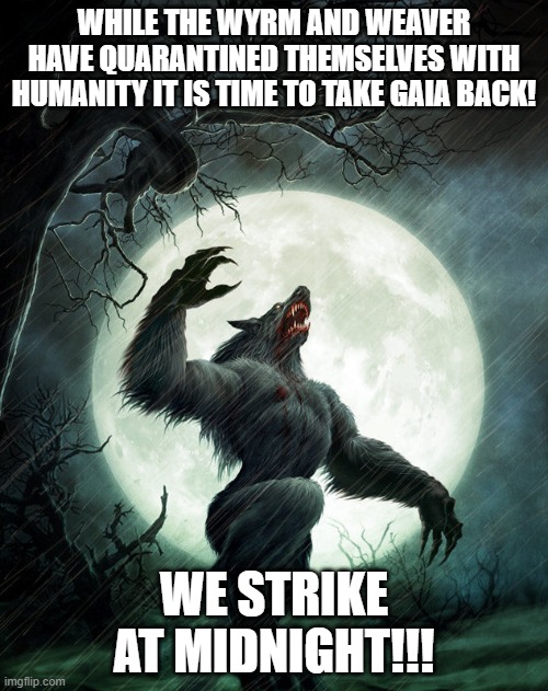 WHILE THE WYRM AND WEAVER HAVE QUARANTINED THEMSELVES WITH HUMANITY IT IS TIME TO TAKE GAIA BACK! WE STRIKE AT MIDNIGHT!!! | image tagged in werewolf,world of darkness,silverfang,shadowlord,gaia,werewolf the apocalypse | made w/ Imgflip meme maker