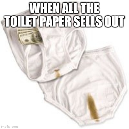 poop stained underwear wallet | WHEN ALL THE TOILET PAPER SELLS OUT | image tagged in poop stained underwear wallet | made w/ Imgflip meme maker