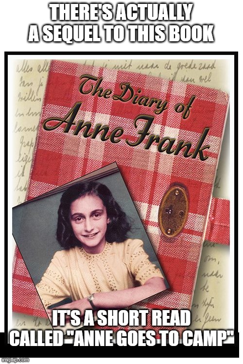 She Wrote Another Story | THERE'S ACTUALLY A SEQUEL TO THIS BOOK; IT'S A SHORT READ CALLED "ANNE GOES TO CAMP" | image tagged in anne frank | made w/ Imgflip meme maker