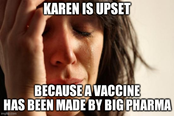 First World Problems | KAREN IS UPSET; BECAUSE A VACCINE HAS BEEN MADE BY BIG PHARMA | image tagged in memes,first world problems | made w/ Imgflip meme maker