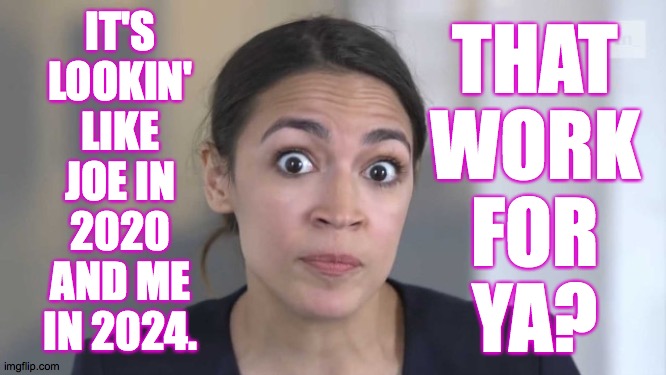 Awesome Alexandria Ocasio-Cortez | IT'S
LOOKIN'
LIKE
JOE IN
2020
AND ME
IN 2024. THAT
WORK
FOR
YA? | image tagged in aoc,memes,2024 | made w/ Imgflip meme maker
