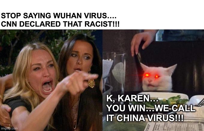 Woman Yelling At Cat Meme | STOP SAYING WUHAN VIRUS…. CNN DECLARED THAT RACIST!!! K, KAREN… YOU WIN…WE CALL IT CHINA VIRUS!!! | image tagged in memes,woman yelling at cat | made w/ Imgflip meme maker