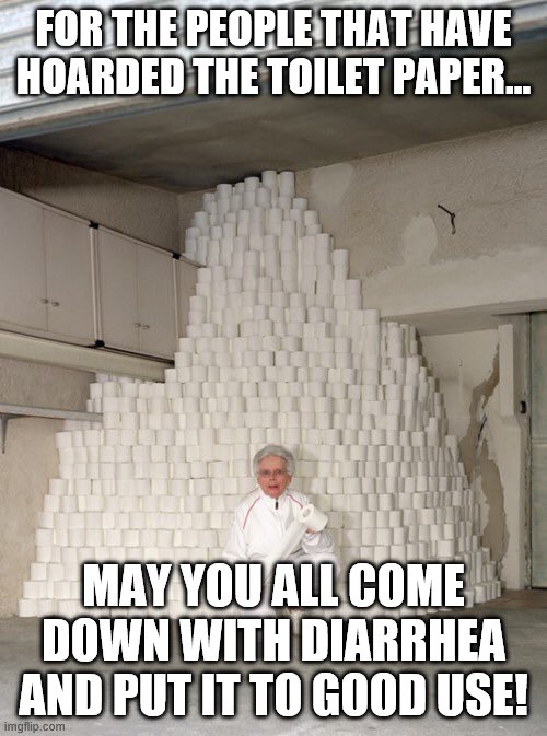 mountain of toilet paper | FOR THE PEOPLE THAT HAVE HOARDED THE TOILET PAPER... MAY YOU ALL COME DOWN WITH DIARRHEA AND PUT IT TO GOOD USE! | image tagged in mountain of toilet paper | made w/ Imgflip meme maker