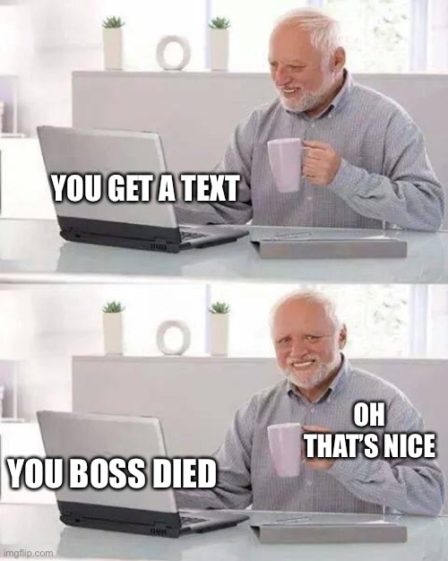 :D | YOU GET A TEXT; OH THAT’S NICE; YOU BOSS DIED | image tagged in memes,hide the pain harold | made w/ Imgflip meme maker