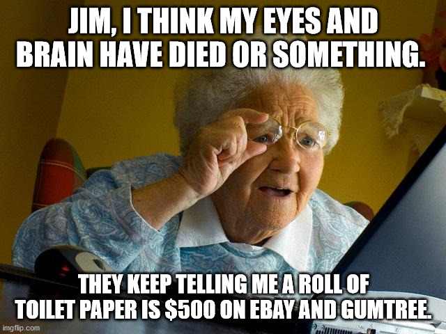 Grandma Finds The Internet | JIM, I THINK MY EYES AND BRAIN HAVE DIED OR SOMETHING. THEY KEEP TELLING ME A ROLL OF TOILET PAPER IS $500 ON EBAY AND GUMTREE. | image tagged in memes,grandma finds the internet | made w/ Imgflip meme maker