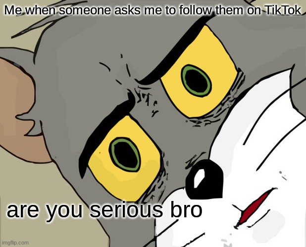 Unsettled Tom Meme | Me when someone asks me to follow them on TikTok; are you serious bro | image tagged in memes,unsettled tom | made w/ Imgflip meme maker