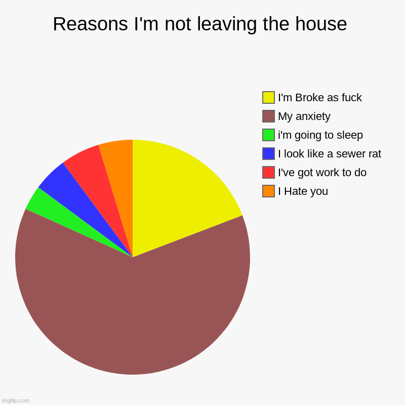Reason | Reasons I'm not leaving the house | I Hate you, I've got work to do, I look like a sewer rat, i'm going to sleep, My anxiety, I'm Broke as f | image tagged in charts,pie charts | made w/ Imgflip chart maker