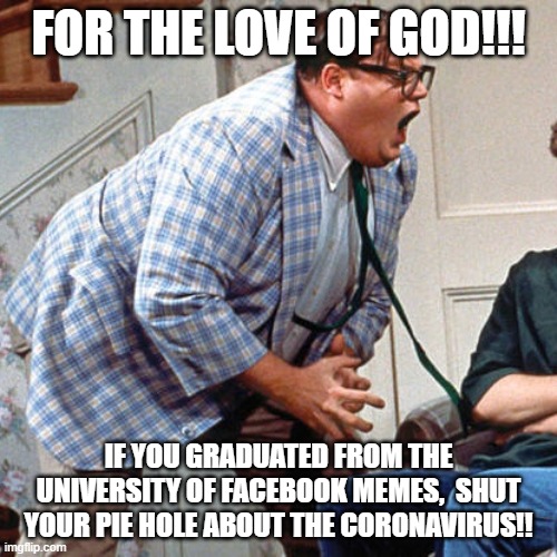 Chris Farley For the love of god | FOR THE LOVE OF GOD!!! IF YOU GRADUATED FROM THE UNIVERSITY OF FACEBOOK MEMES,  SHUT YOUR PIE HOLE ABOUT THE CORONAVIRUS!! | image tagged in chris farley for the love of god | made w/ Imgflip meme maker