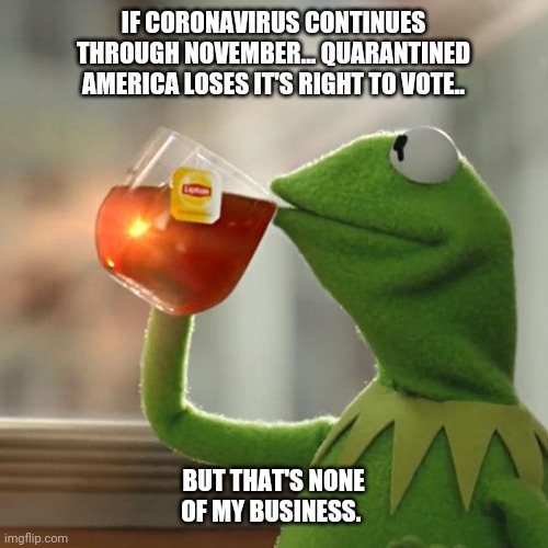 But That's None Of My Business Meme |  IF CORONAVIRUS CONTINUES THROUGH NOVEMBER... QUARANTINED AMERICA LOSES IT'S RIGHT TO VOTE.. BUT THAT'S NONE OF MY BUSINESS. | image tagged in memes,but thats none of my business,kermit the frog | made w/ Imgflip meme maker