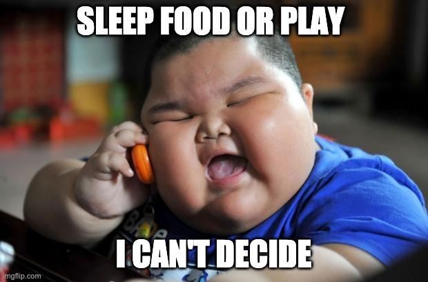 Fat Asian Kid | SLEEP FOOD OR PLAY; I CAN'T DECIDE | image tagged in fat asian kid | made w/ Imgflip meme maker