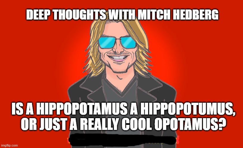 Mitch Hedberg Deep Thoughts | DEEP THOUGHTS WITH MITCH HEDBERG; IS A HIPPOPOTAMUS A HIPPOPOTUMUS, OR JUST A REALLY COOL OPOTAMUS? | image tagged in mitch hedberg,deep thoughts,comedy,cartoon,hippopotamus,hippo | made w/ Imgflip meme maker