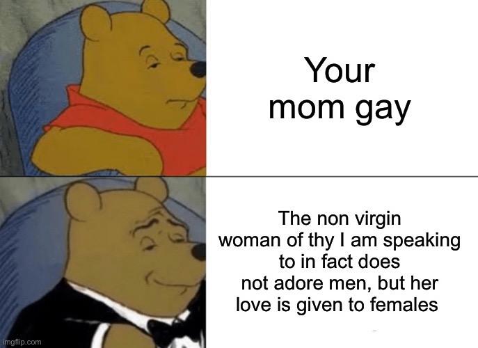 Tuxedo Winnie The Pooh Meme | Your mom gay; The non virgin woman of thy I am speaking to in fact does not adore men, but her love is given to females | image tagged in memes,tuxedo winnie the pooh | made w/ Imgflip meme maker