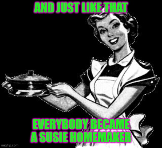 Vintage woman cooking | AND JUST LIKE THAT; EVERYBODY BECAME A SUSIE HOMEMAKER | image tagged in vintage woman cooking | made w/ Imgflip meme maker