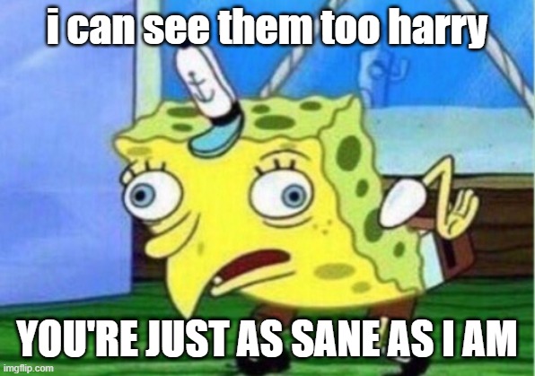 Thestrals | i can see them too harry; YOU'RE JUST AS SANE AS I AM | image tagged in memes,mocking spongebob,harry potter | made w/ Imgflip meme maker