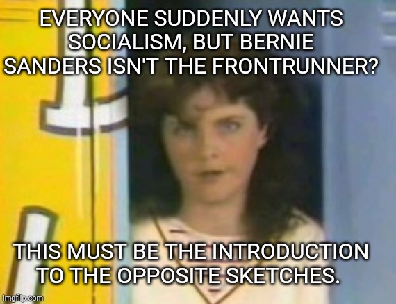 Ask a Gen-Xer that had Nickelodeon if you don't get the reference. | EVERYONE SUDDENLY WANTS SOCIALISM, BUT BERNIE SANDERS ISN'T THE FRONTRUNNER? THIS MUST BE THE INTRODUCTION TO THE OPPOSITE SKETCHES. | image tagged in election 2020,bernie sanders,nickelodeon,opposite day,socialism,democratic socialism | made w/ Imgflip meme maker