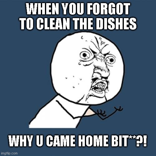Y U No | WHEN YOU FORGOT TO CLEAN THE DISHES; WHY U CAME HOME BIT**?! | image tagged in memes,y u no | made w/ Imgflip meme maker