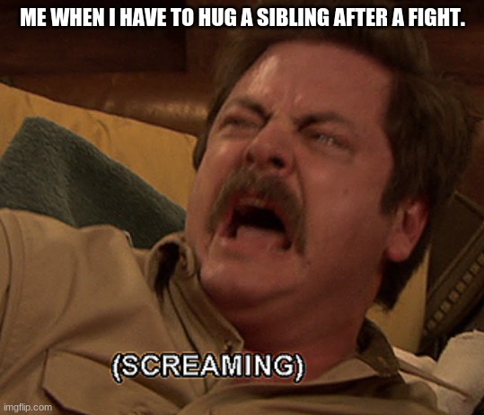 Ron Swanson screaming | ME WHEN I HAVE TO HUG A SIBLING AFTER A FIGHT. | image tagged in ron swanson screaming | made w/ Imgflip meme maker