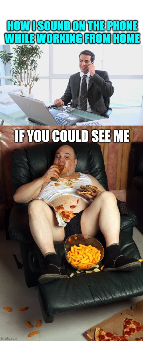 HOW I SOUND ON THE PHONE
WHILE WORKING FROM HOME; IF YOU COULD SEE ME | image tagged in fat man on lazyboy | made w/ Imgflip meme maker