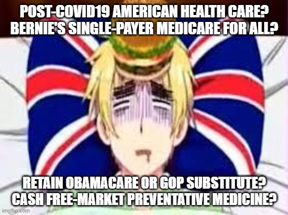 American Health Care | POST-COVID19 AMERICAN HEALTH CARE?
BERNIE'S SINGLE-PAYER MEDICARE FOR ALL? RETAIN OBAMACARE OR GOP SUBSTITUTE?
CASH FREE-MARKET PREVENTATIVE MEDICINE? | image tagged in american health care | made w/ Imgflip meme maker