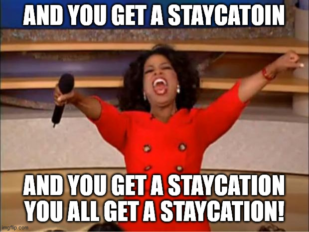 Oprah You Get A Meme | AND YOU GET A STAYCATOIN; AND YOU GET A STAYCATION YOU ALL GET A STAYCATION! | image tagged in memes,oprah you get a | made w/ Imgflip meme maker