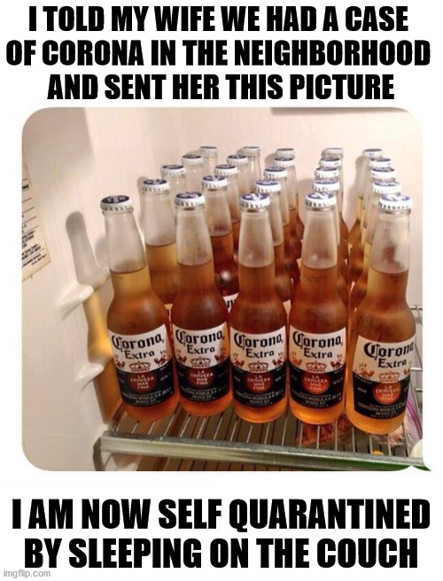 A little humor | I TOLD MY WIFE WE HAD A CASE 
OF CORONA IN THE NEIGHBORHOOD 
AND SENT HER THIS PICTURE; I AM NOW SELF QUARANTINED BY SLEEPING ON THE COUCH | image tagged in corona virus | made w/ Imgflip meme maker