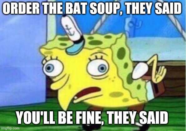 Mocking Spongebob Meme | ORDER THE BAT SOUP, THEY SAID; YOU'LL BE FINE, THEY SAID | image tagged in memes,mocking spongebob | made w/ Imgflip meme maker