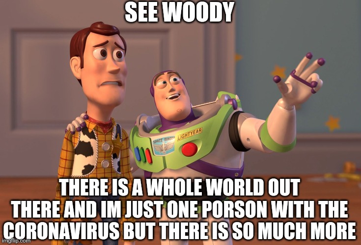 X, X Everywhere |  SEE WOODY; THERE IS A WHOLE WORLD OUT THERE AND IM JUST ONE PORSON WITH THE CORONAVIRUS BUT THERE IS SO MUCH MORE | image tagged in memes,x x everywhere | made w/ Imgflip meme maker