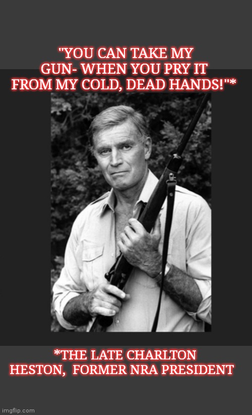 NOW MORE THAN EVER | "YOU CAN TAKE MY GUN- WHEN YOU PRY IT FROM MY COLD, DEAD HANDS!"*; *THE LATE CHARLTON HESTON,  FORMER NRA PRESIDENT | image tagged in second amendment,self defense,martial arts,chuck norris approves,defender,apocalypse now | made w/ Imgflip meme maker