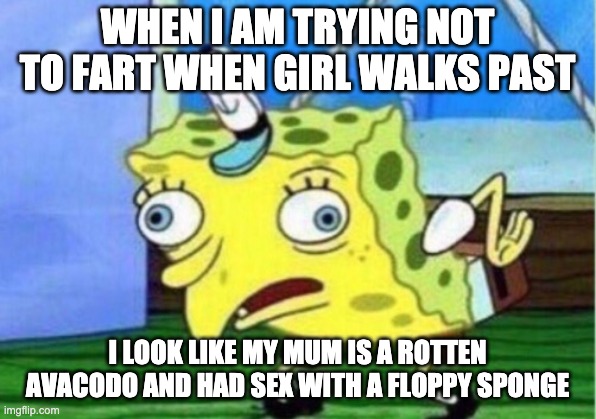 Mocking Spongebob Meme | WHEN I AM TRYING NOT TO FART WHEN GIRL WALKS PAST; I LOOK LIKE MY MUM IS A ROTTEN AVACODO AND HAD SEX WITH A FLOPPY SPONGE | image tagged in memes,mocking spongebob | made w/ Imgflip meme maker