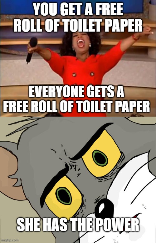 Everyone gets free toilet paper | YOU GET A FREE ROLL OF TOILET PAPER; EVERYONE GETS A FREE ROLL OF TOILET PAPER; SHE HAS THE POWER | image tagged in memes,oprah you get a,unsettled tom,toilet paper | made w/ Imgflip meme maker