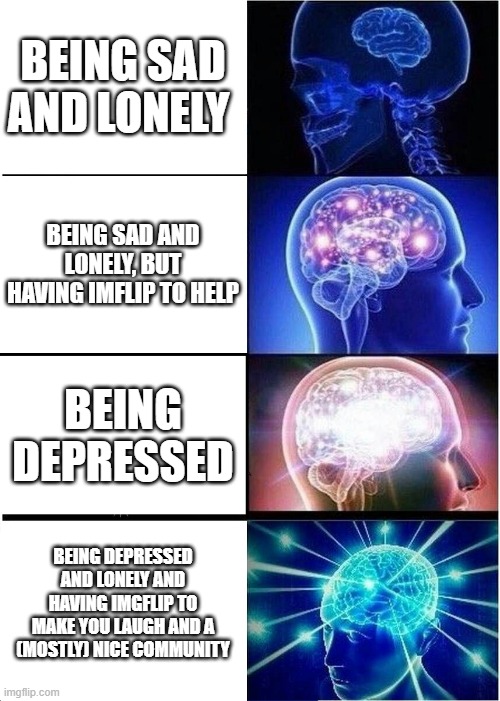 Expanding Brain Meme | BEING SAD AND LONELY; BEING SAD AND LONELY, BUT HAVING IMFLIP TO HELP; BEING DEPRESSED; BEING DEPRESSED AND LONELY AND HAVING IMGFLIP TO MAKE YOU LAUGH AND A (MOSTLY) NICE COMMUNITY | image tagged in memes,expanding brain | made w/ Imgflip meme maker