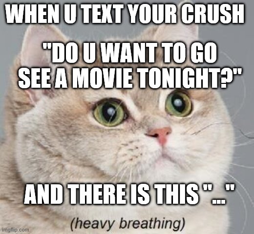 Heavy Breathing Cat Meme | WHEN U TEXT YOUR CRUSH; "DO U WANT TO GO SEE A MOVIE TONIGHT?"; AND THERE IS THIS "..." | image tagged in memes,heavy breathing cat | made w/ Imgflip meme maker