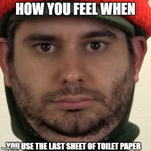 H3H3, internal depression | HOW YOU FEEL WHEN; YOU USE THE LAST SHEET OF TOILET PAPER | image tagged in h3h3 internal depression | made w/ Imgflip meme maker