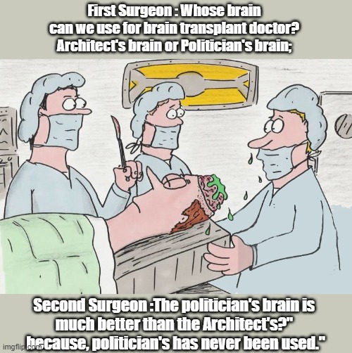 Brain transplant | First Surgeon : Whose brain 
can we use for brain transplant doctor? 
Architect's brain or Politician's brain;; Second Surgeon :The politician's brain is 
much better than the Architect's?" 
because, politician's has never been used." | image tagged in politics | made w/ Imgflip meme maker