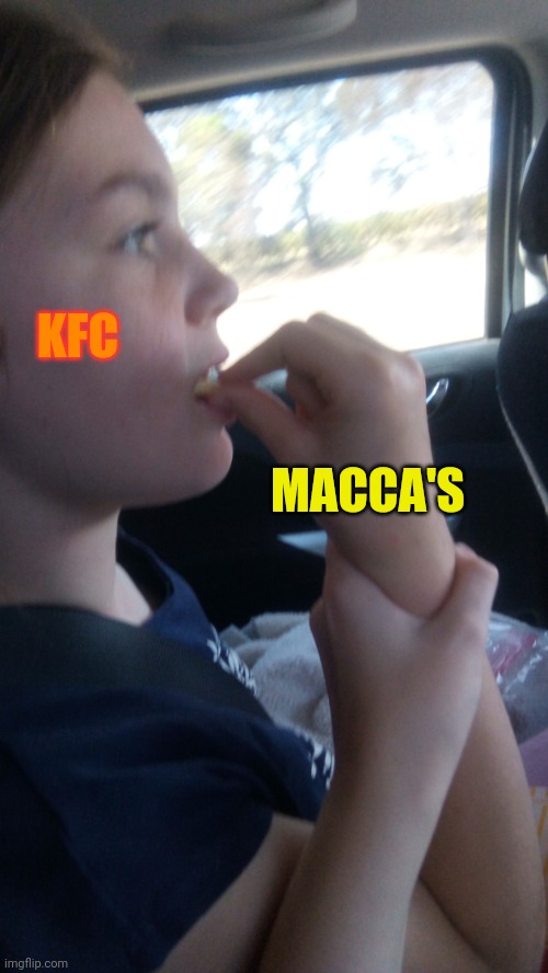 Hand pushing chip into mouth | KFC; MACCA'S | image tagged in batman slapping robin | made w/ Imgflip meme maker